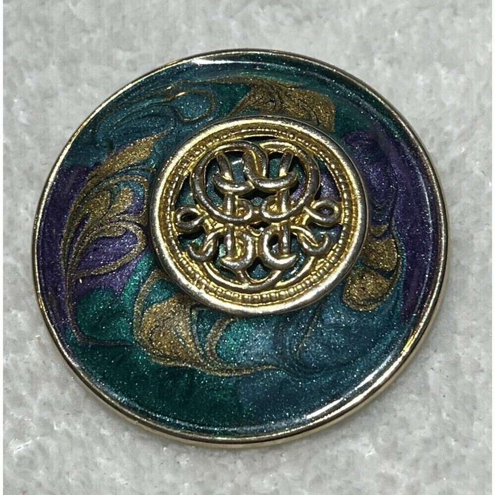 Vintage Costume Jewelry - Pastel Swirl Brooch - Gold Green Purple 80s Mermaid